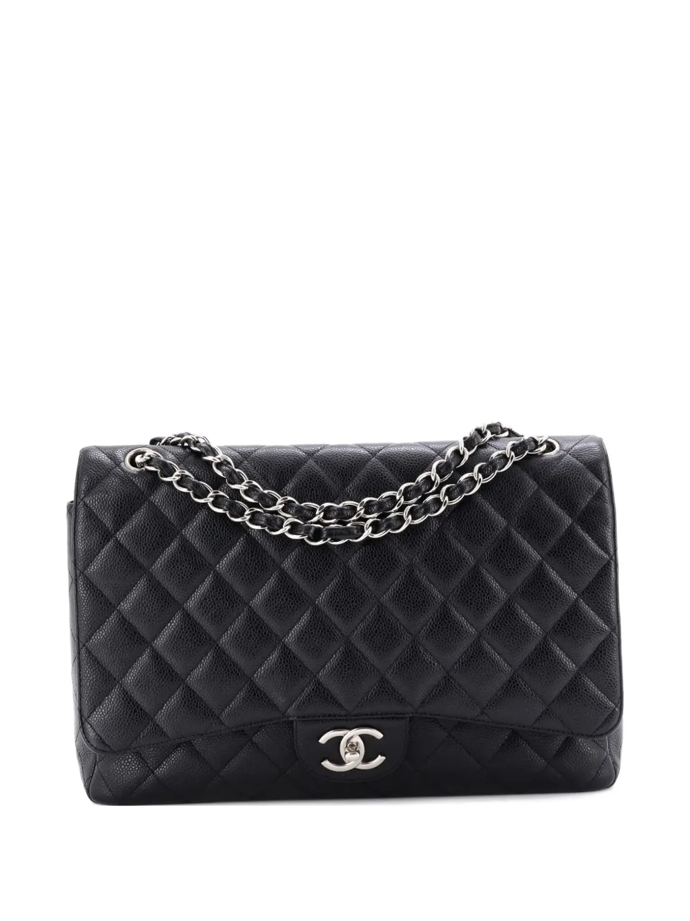 Pre-owned Chanel Classic Double Flap Bag Quilted Caviar Maxi Shoulder Bag In Black