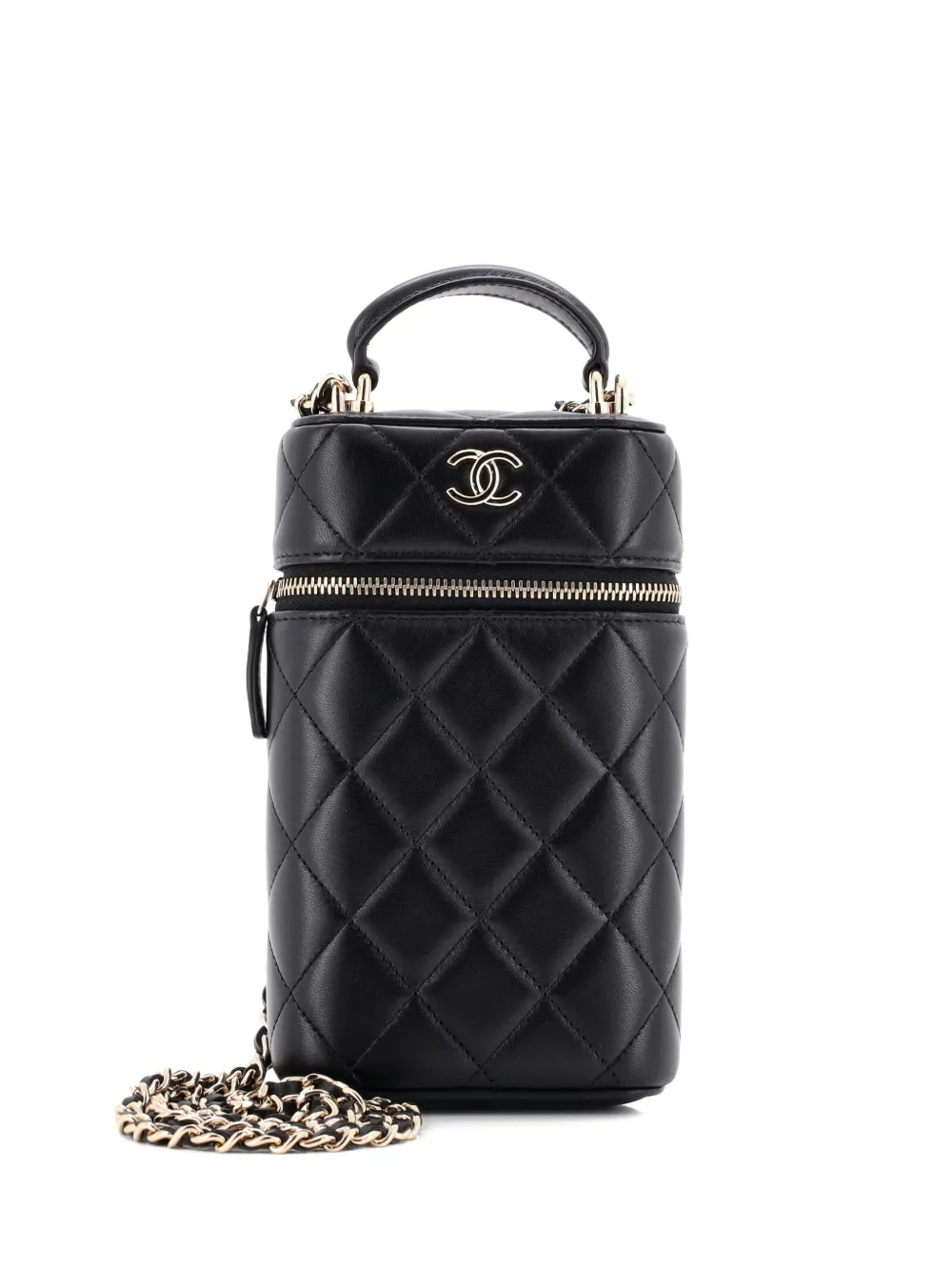 Pre-owned Chanel Classic Vanity Top Handle Phone Holder With Chain Quilted Lambskin Crossbody Bag In Black