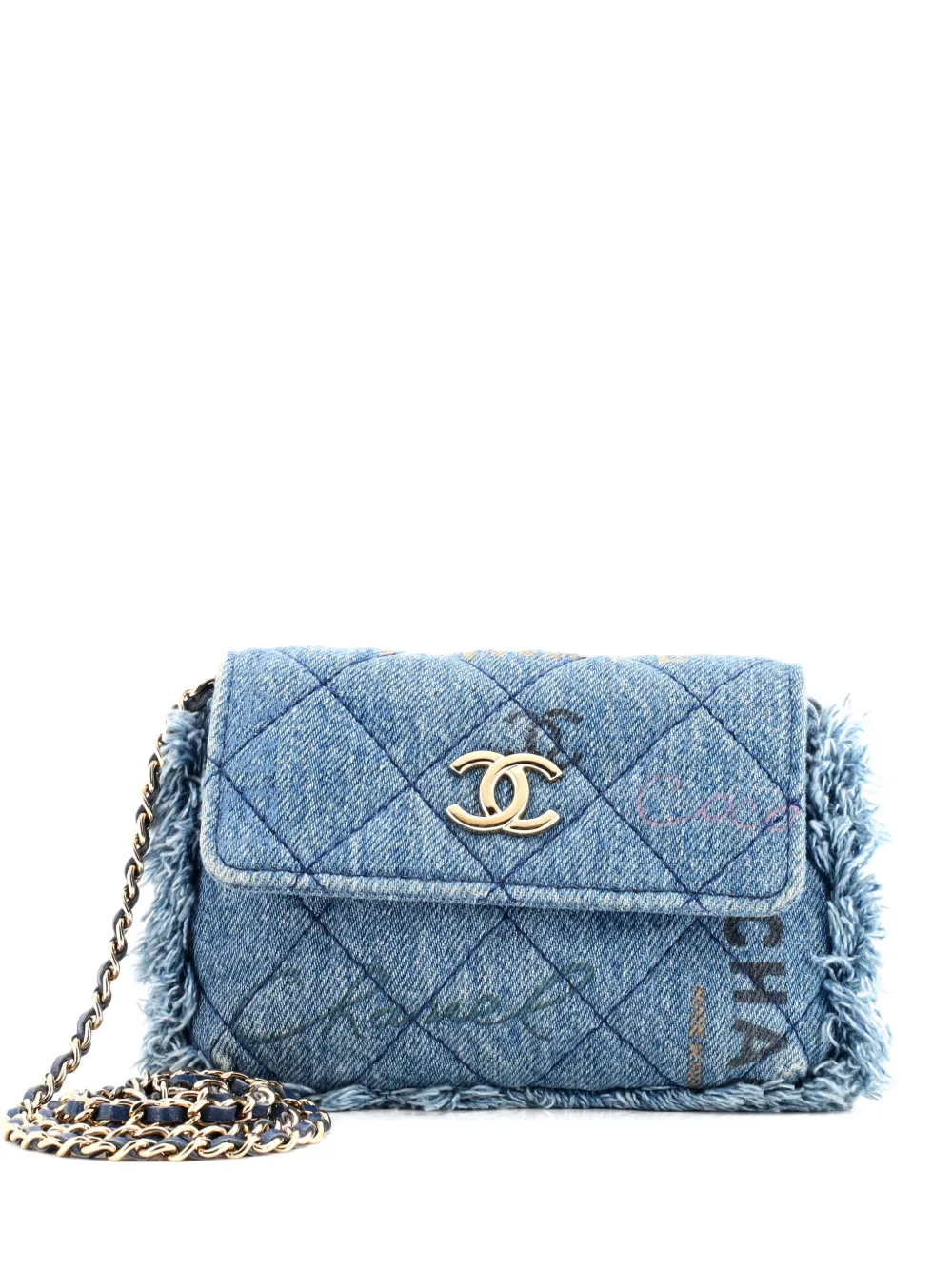 Pre-owned Chanel Denim Mood Flap Clutch With Chain Logo Printed Quilted Fringe Denim Crossbody Bag In Blue