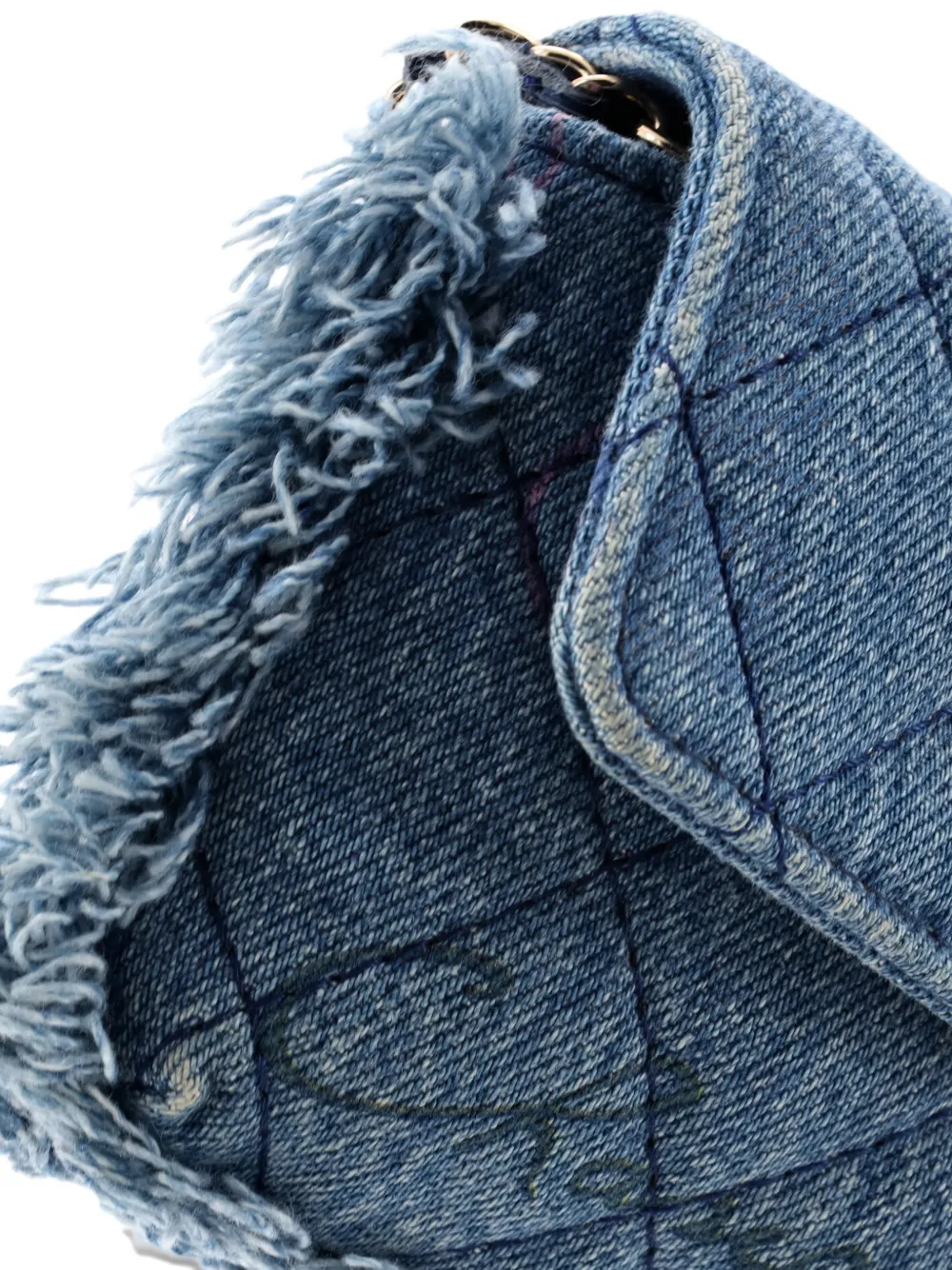 CHANEL Pre-owned Denim Mood Flap Clutch With Chain Logo Printed Quilted Fringe Denim Crossbody Bag In Blue