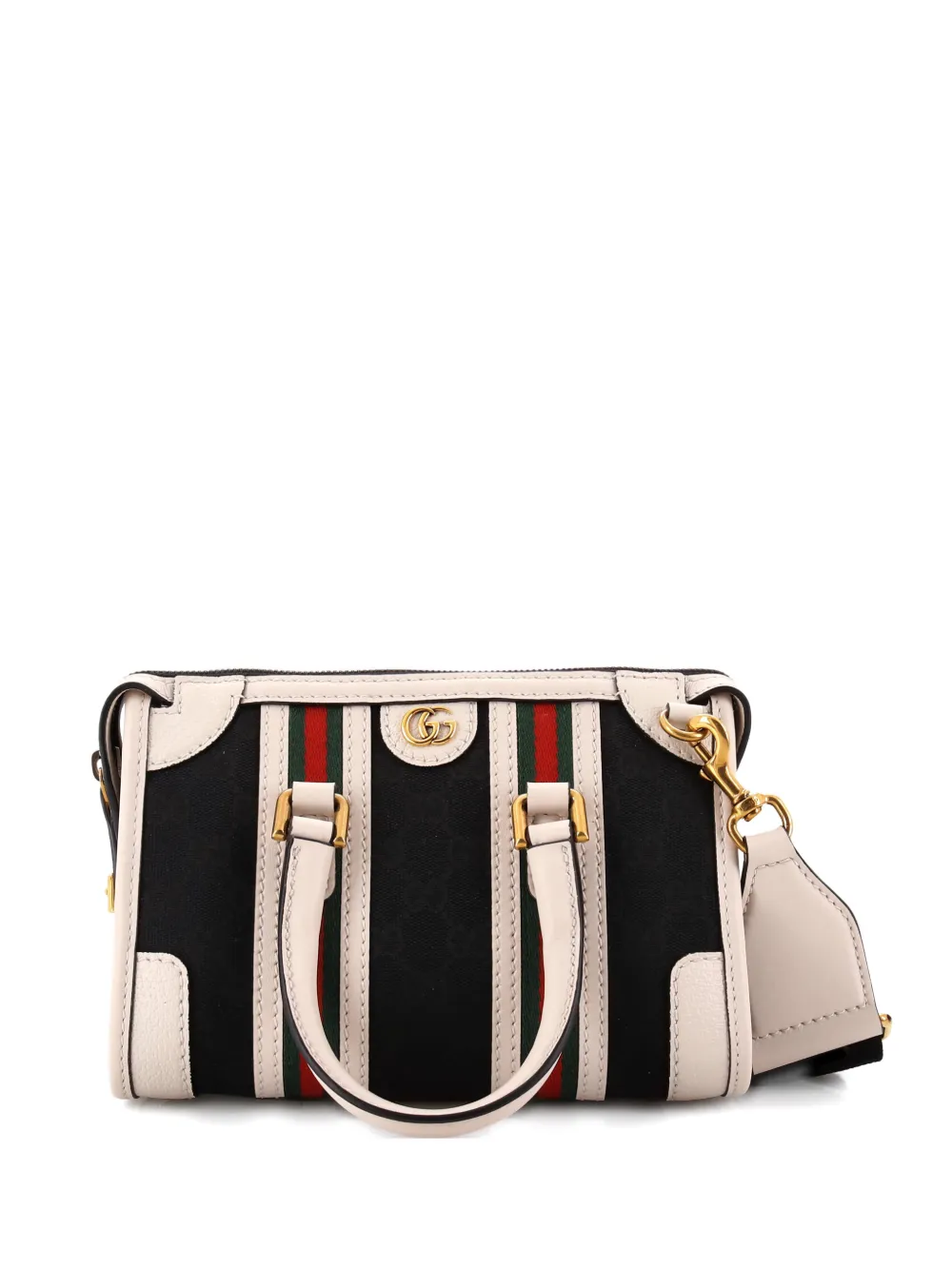 Pre-owned Gucci Double G Web Top Handle Bag Gg Canvas With Leather Mini Satchel In Black