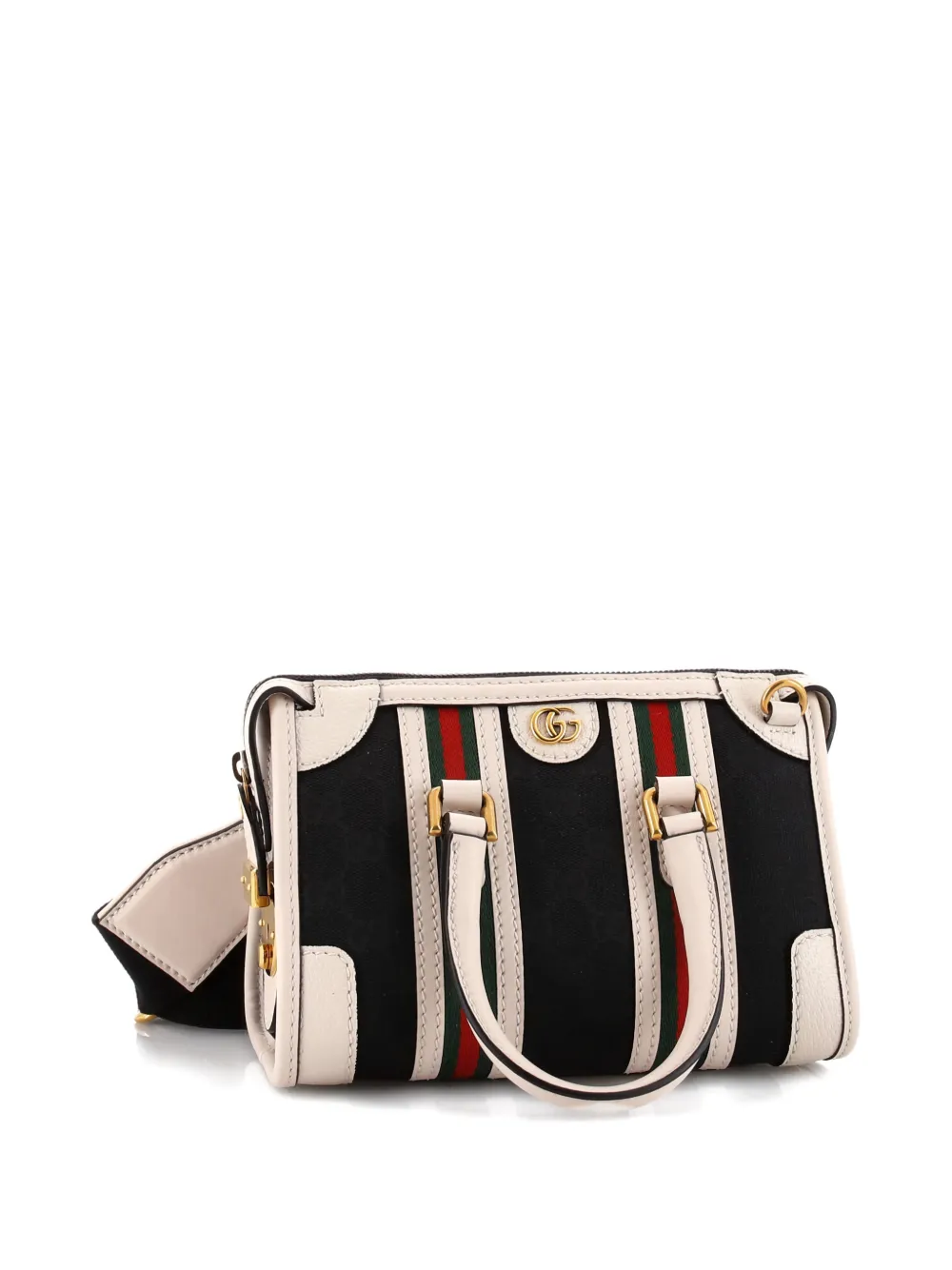 Pre-owned Gucci Double G Web Top Handle Bag Gg Canvas With Leather Mini Satchel In Black