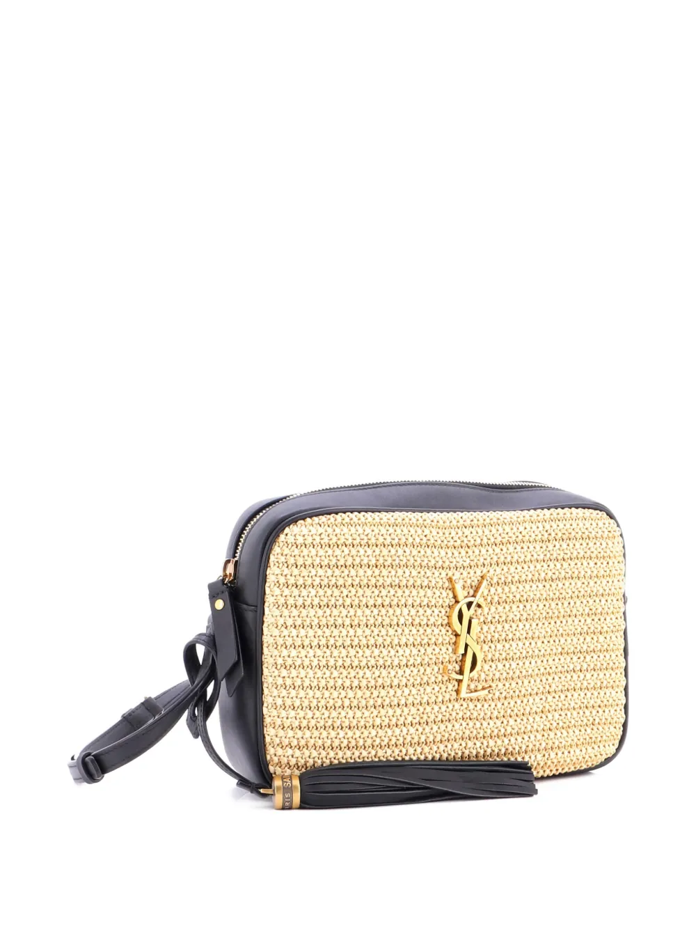 SAINT LAURENT Pre-owned Lou Camera Bag Woven Raffia Small Crossbody Bag In Black