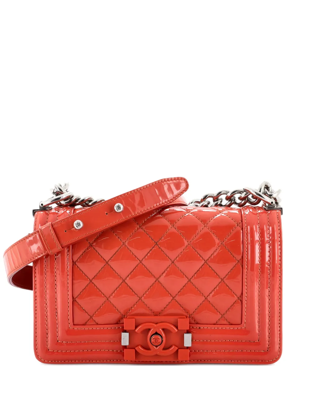 Pre-owned Chanel Boy Flap Bag Quilted Plexiglass Patent Small Crossbody Bag In Orange