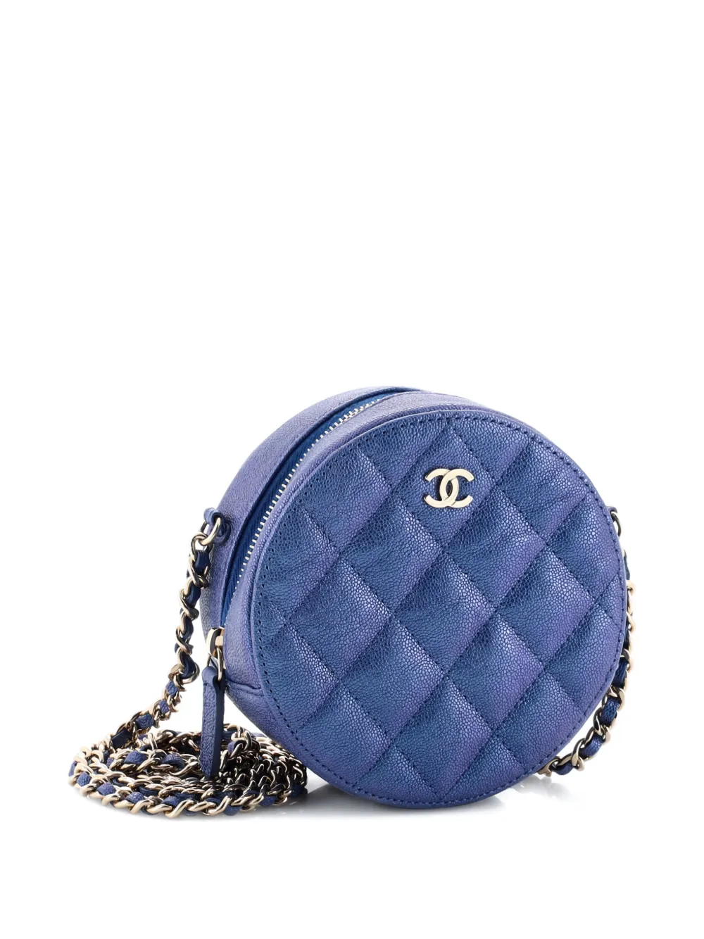 Pre-owned Chanel Round Clutch With Chain Quilted Iridescent Caviar Mini Crossbody Bag In Blue