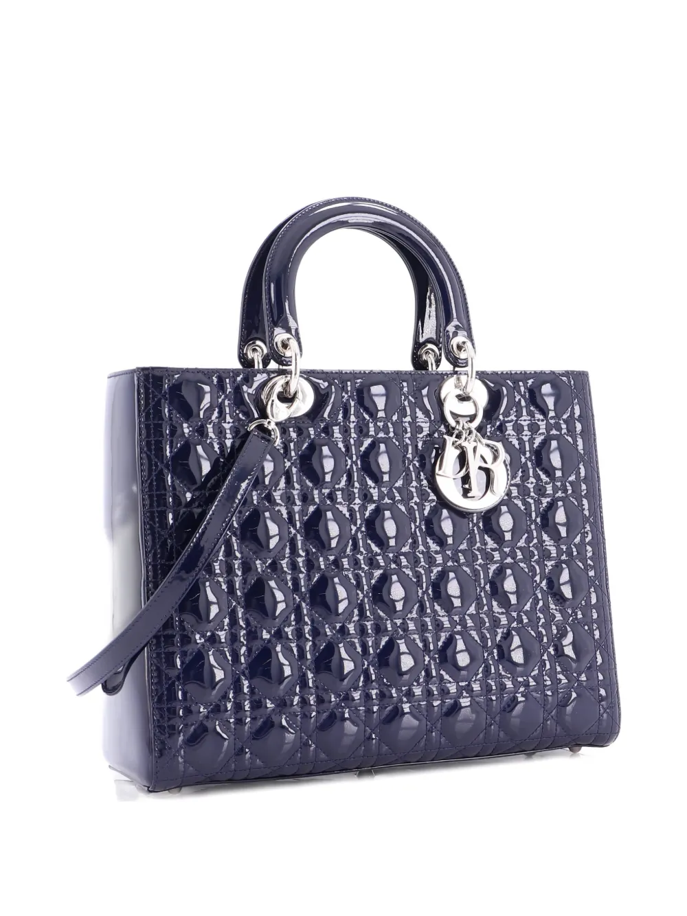 Pre-owned Dior Lady  Bag Cannage Quilt Patent Large Satchel In Blue