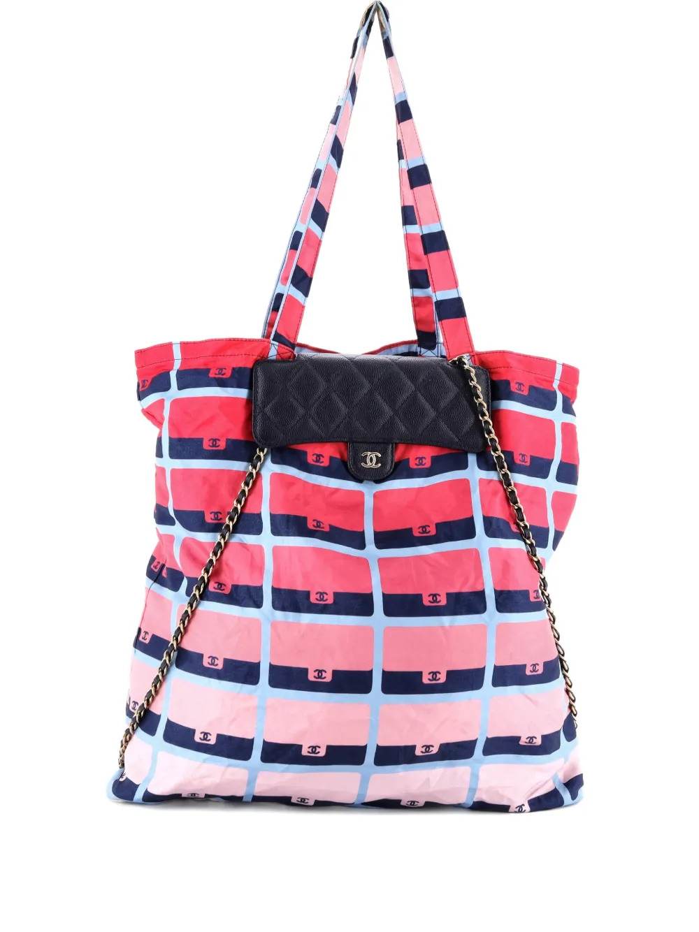 Pre-owned Chanel Foldable With Chain Quilted Caviar With Printed Nylon Tote Bag In Blue