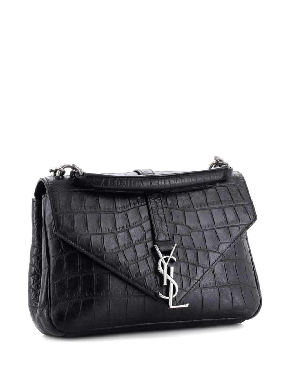 Pre-owned Saint Laurent Classic Monogram College Bag Crocodile Embossed Leather Medium Satchel In Black
