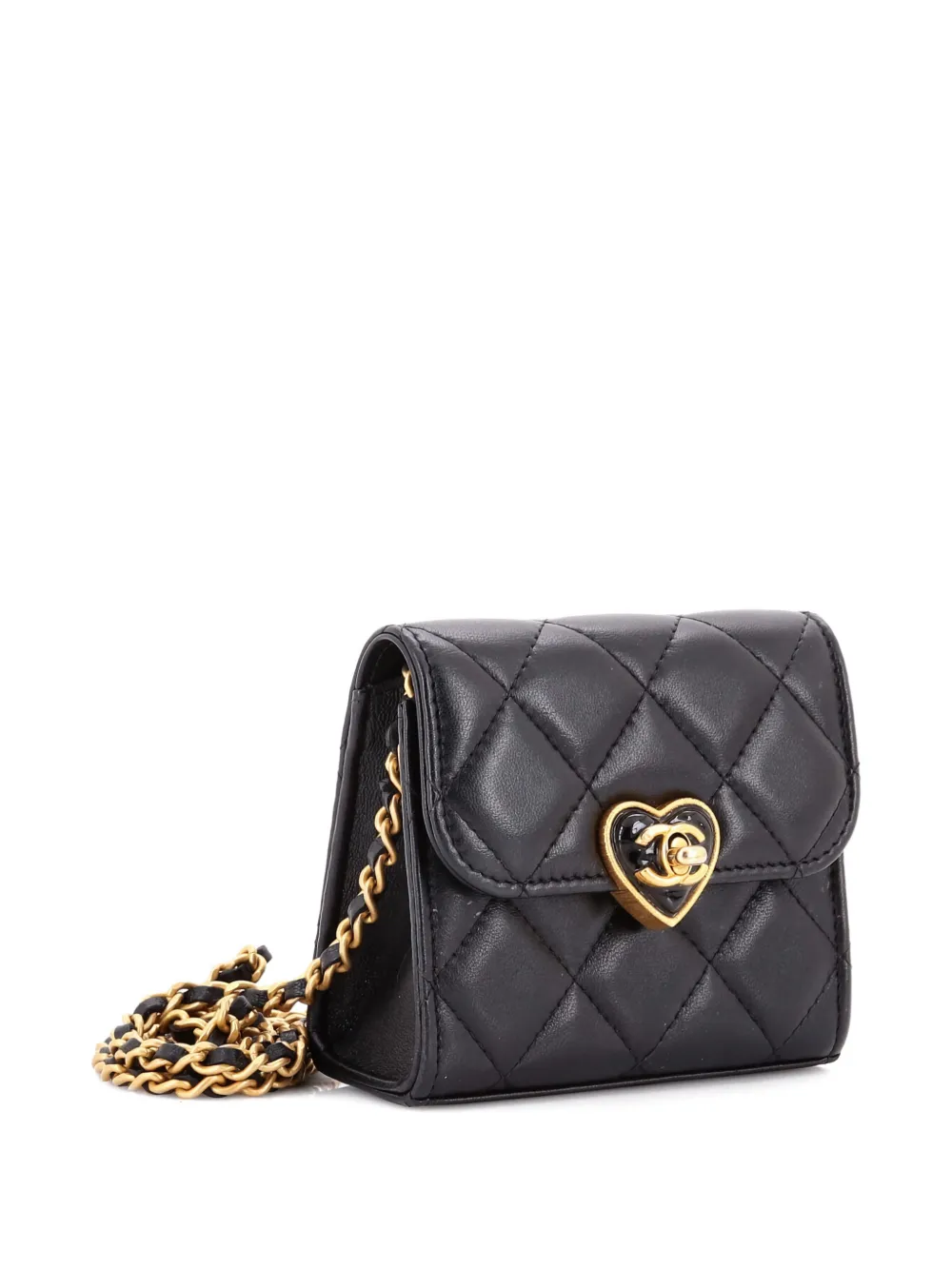 Pre-owned Chanel Coco Love Cc Heart Clutch With Chain Quilted Lambskin Mini Crossbody Bag In Black