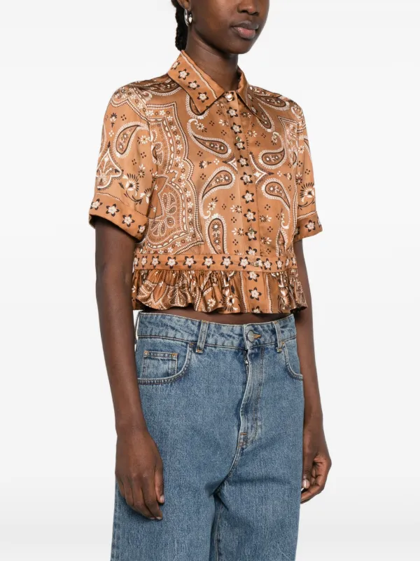 SANDRO Bandana Print Cropped Shirt | Brown | FARFETCH