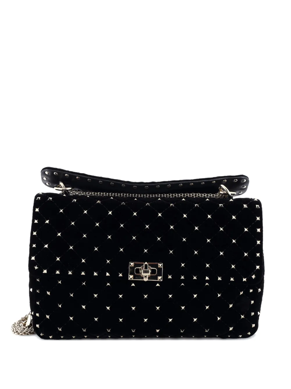 Pre-owned Valentino Garavani Rockstud Spike Flap Quilted Velvet Large Shoulder Bag In Black