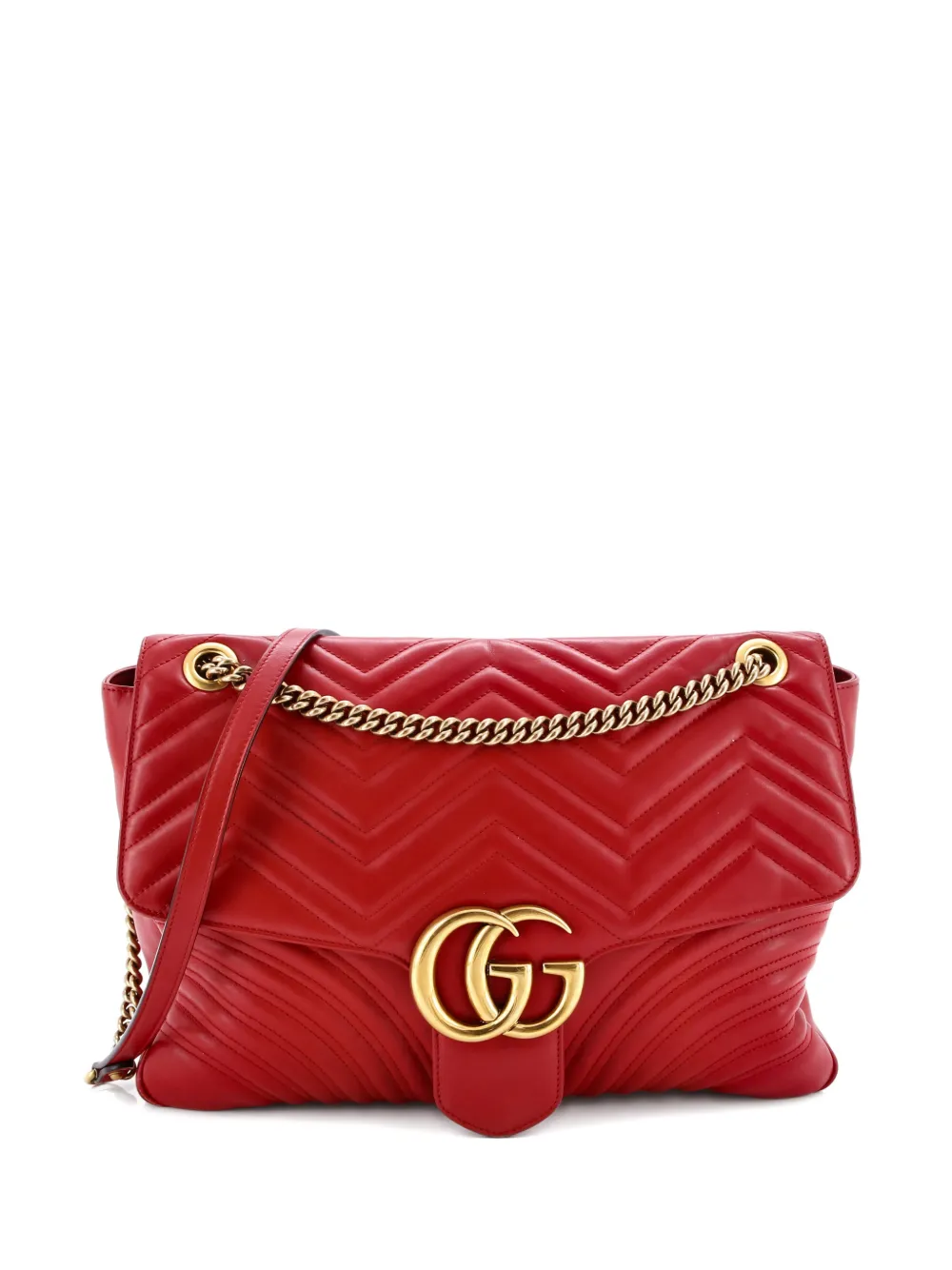 Pre-owned Gucci Gg Marmont Flap Bag Matelasse Leather Large Shoulder Bag In Red