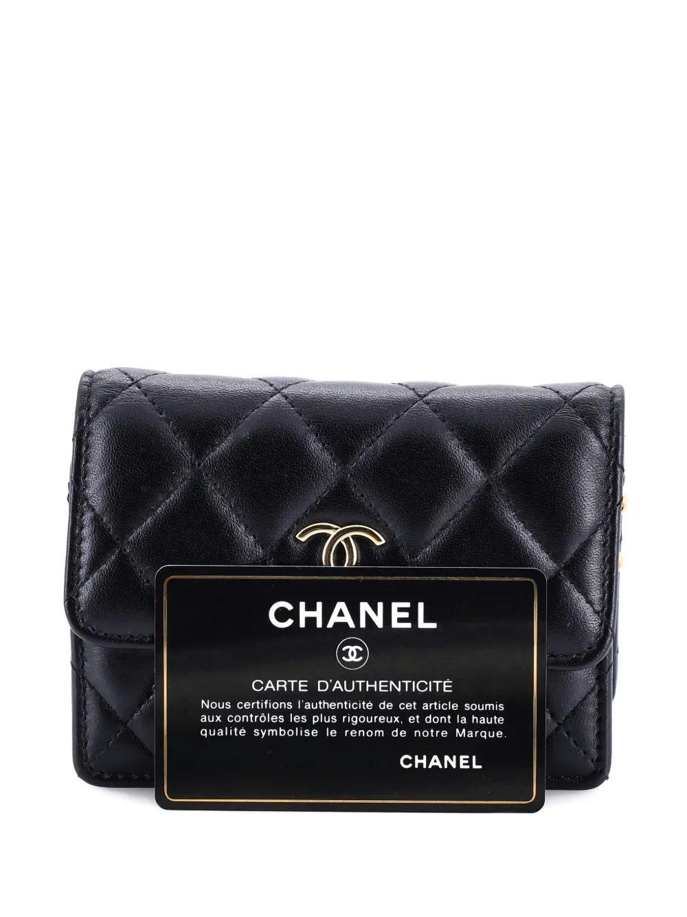 Pre-owned Chanel Camellia Bow Flap Card Holder With Chain Quilted Lambskin Clutch Bag In Black
