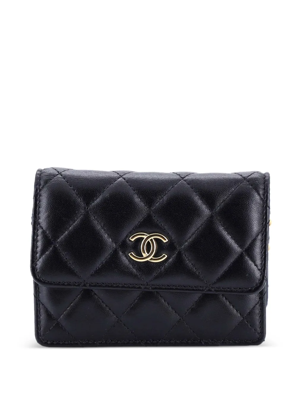 CHANEL Pre-Owned Camellia Bow Flap Card Holder with Chain Quilted Lambskin clutch bag - Nero