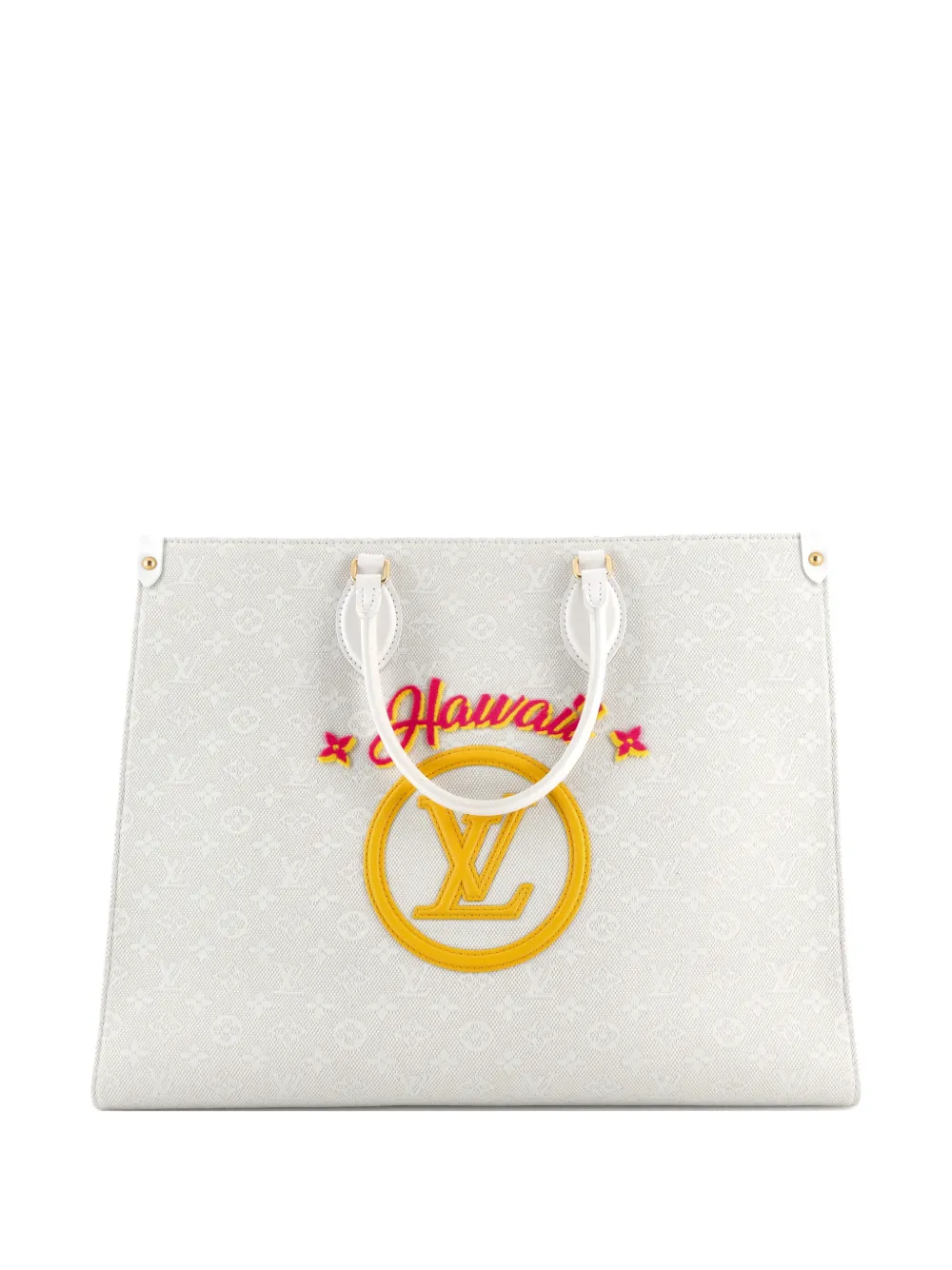 Pre-owned Louis Vuitton Onthego Limited Edition Cities Monogram Jacquard And Tuffetage Canvas Gm Tote Bag In Neutral