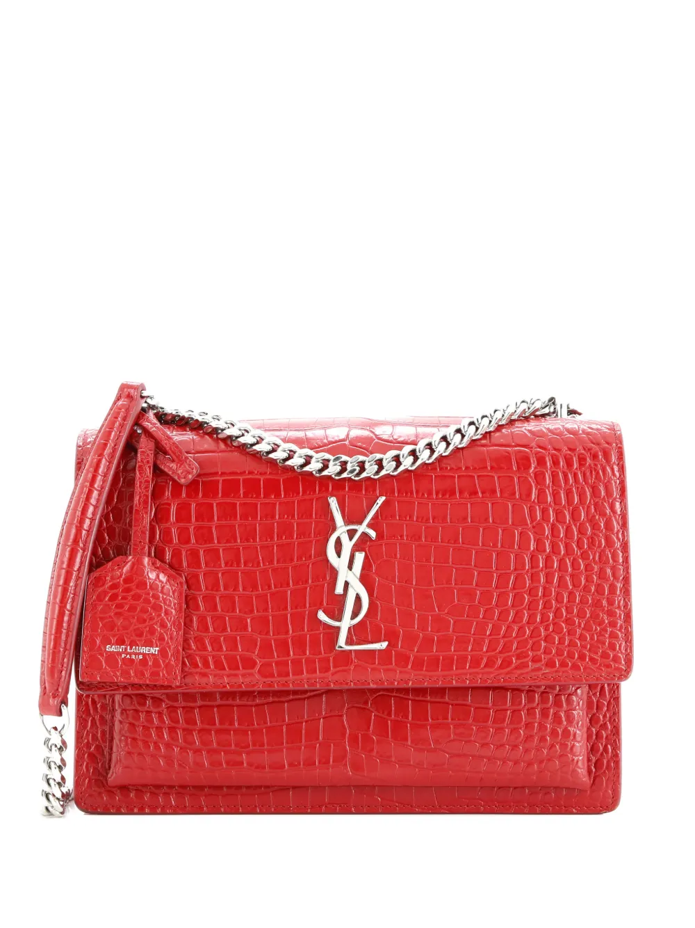 Pre-owned Saint Laurent Sunset Crocodile Embossed Leather Medium Crossbody Bag In Red