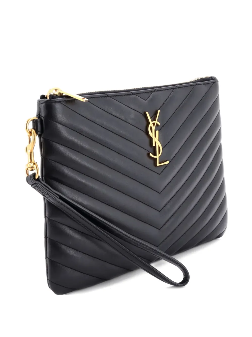 Pre-owned Saint Laurent Classic Monogram Wristlet Pouch Matelasse Chevron Leather Small Clutch Bag In Black