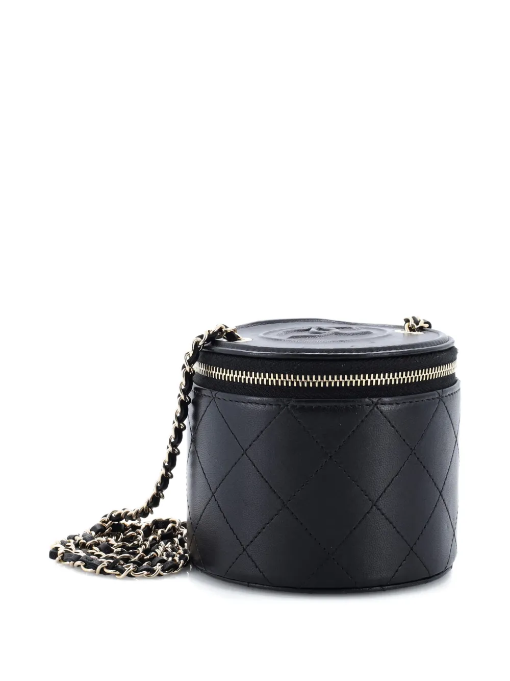 Pre-owned Chanel Cc Round Vanity Case With Chain Quilted Lambskin Mini Clutch Bag In Black