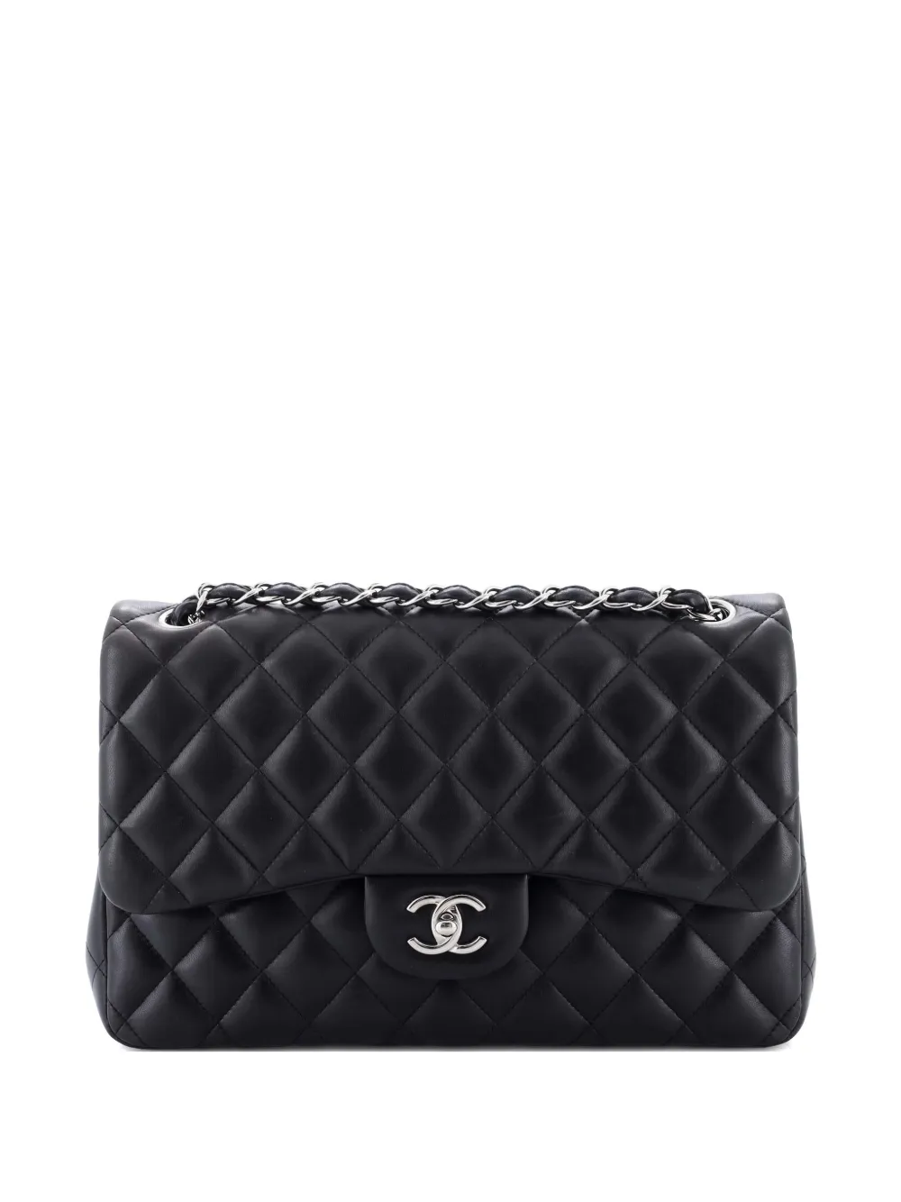 Pre-owned Chanel Classic Double Flap Bag Quilted Lambskin Jumbo Shoulder Bag In Black