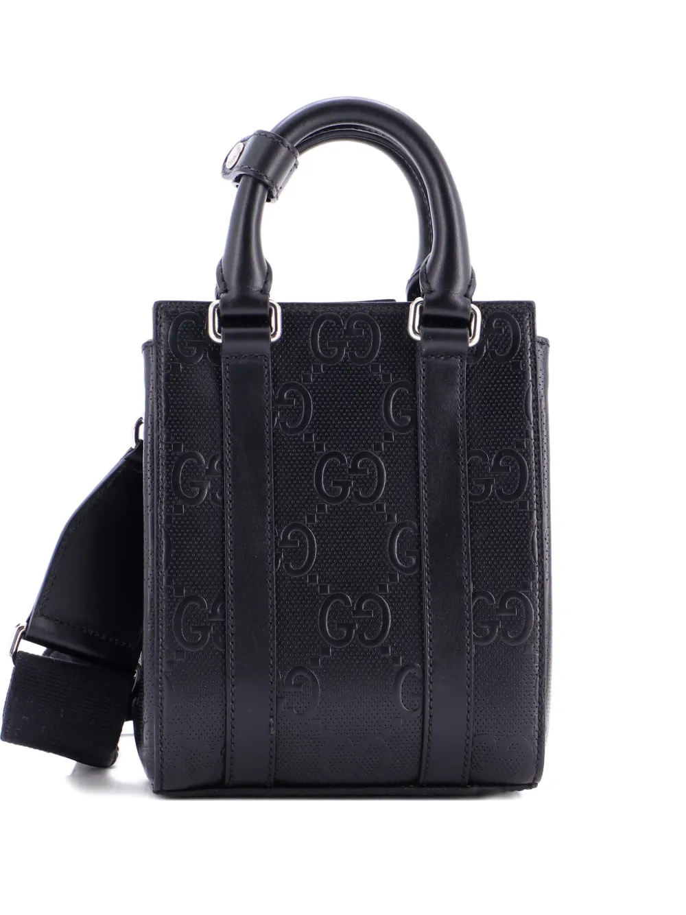 Pre-owned Gucci Vertical Tote Gg Embossed Perforated Leather Mini Shoulder Bag In Black