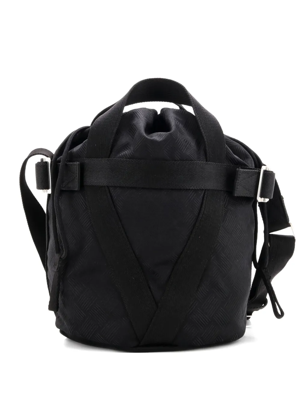 Pre-owned Bottega Veneta Convertible Drawstring Intrecciato Effect Jacquard Small Bucket Bag In Black