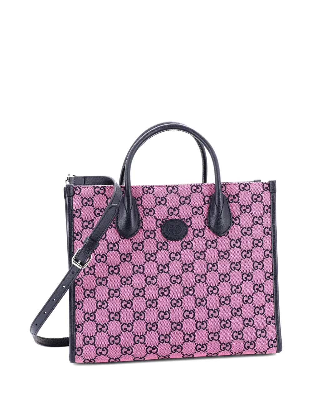 Pre-owned Gucci Structured Top Handle Open Tote Gg Canvas Small Shoulder Bag In Blue