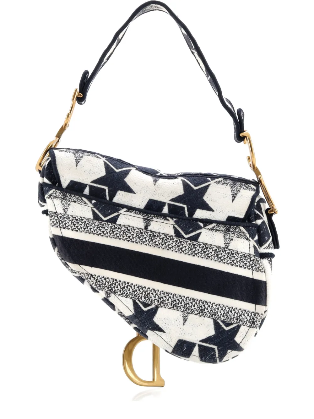 Pre-owned Dior Saddle Bag Logo Embroidered Canvas Medium Shoulder Bag In Black