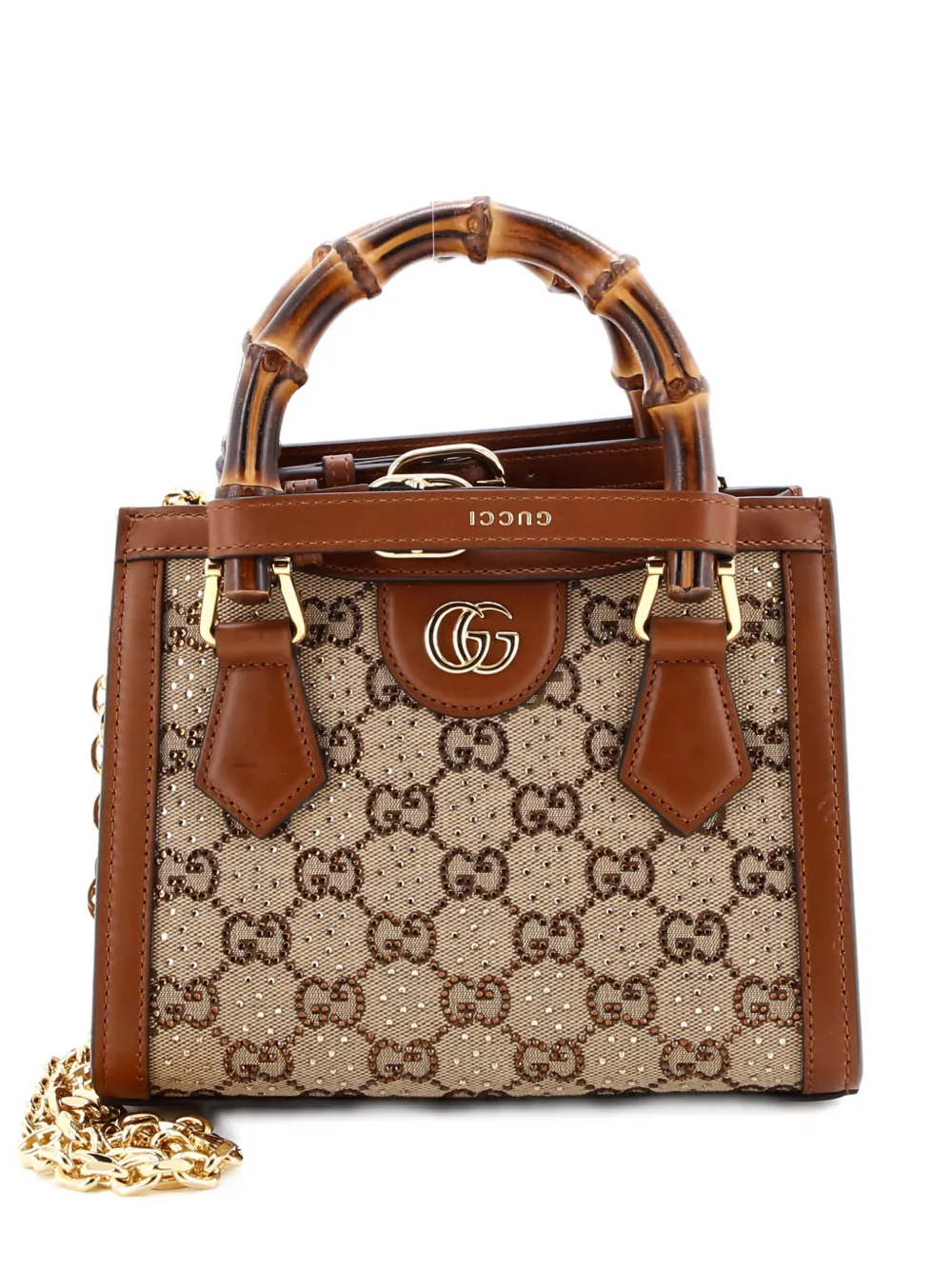 Pre-owned Gucci Diana Nm Bamboo Handle Crystal Embellished Gg Canvas Mini Tote Bag In Brown
