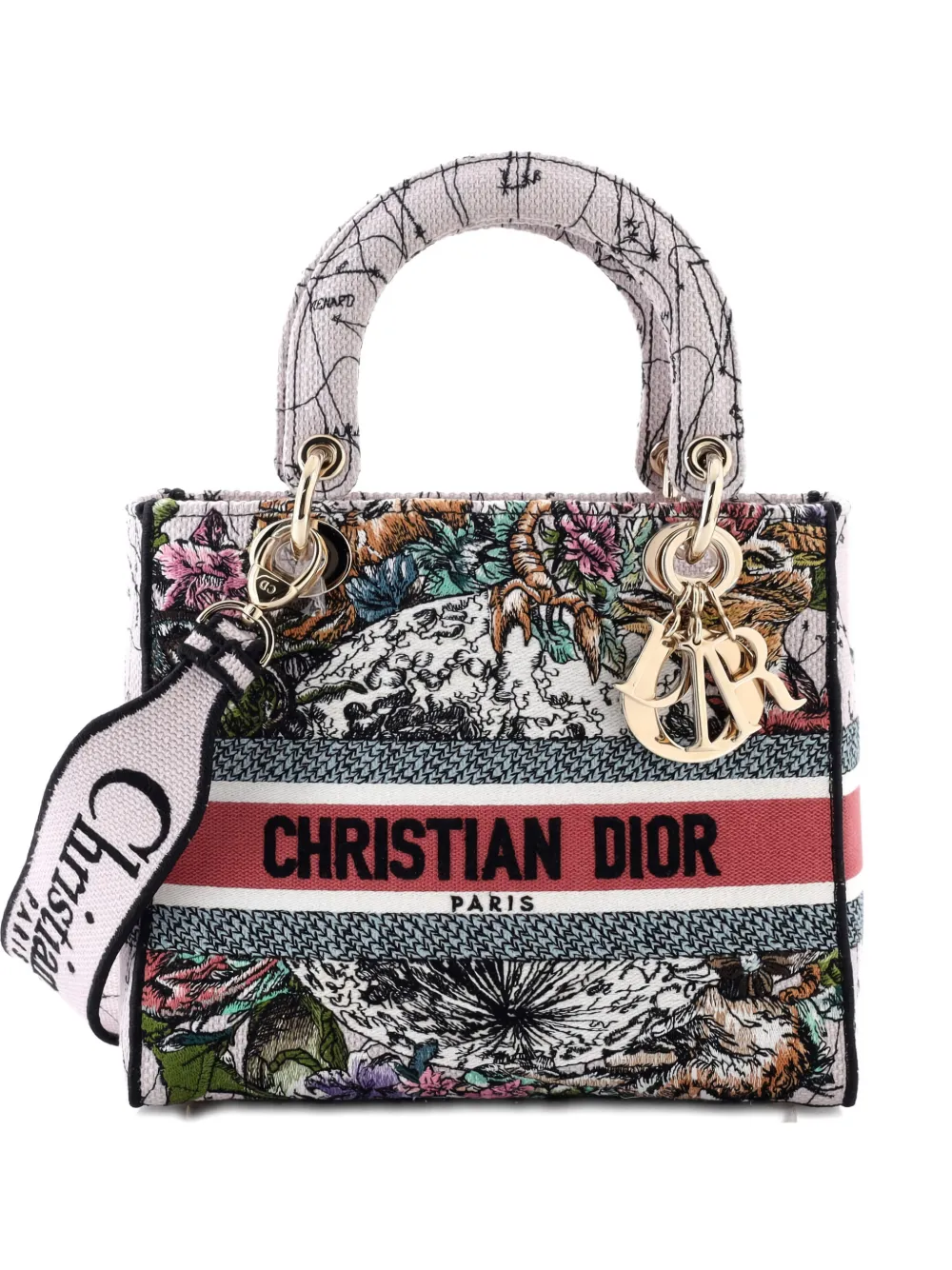 Pre-owned Dior Lady D-lite Bag Embroidered Canvas Medium Satchel In Multi