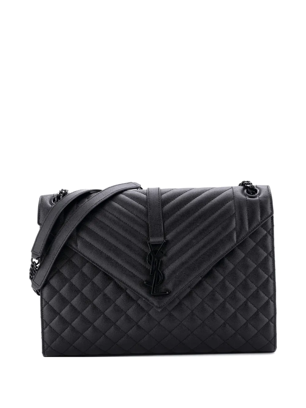 Pre-owned Saint Laurent Classic Monogram Envelope Satchel Mixed Matelasse Leather Large Shoulder Bag In Black