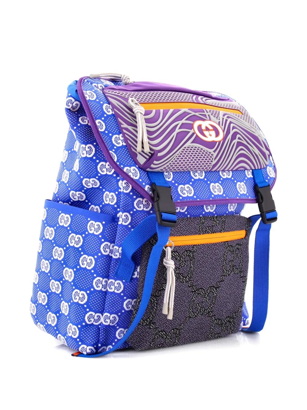 Pre-owned Gucci Panelled Double Buckle Gg Jacquard Nylon And Rubber Large Backpack In Multi