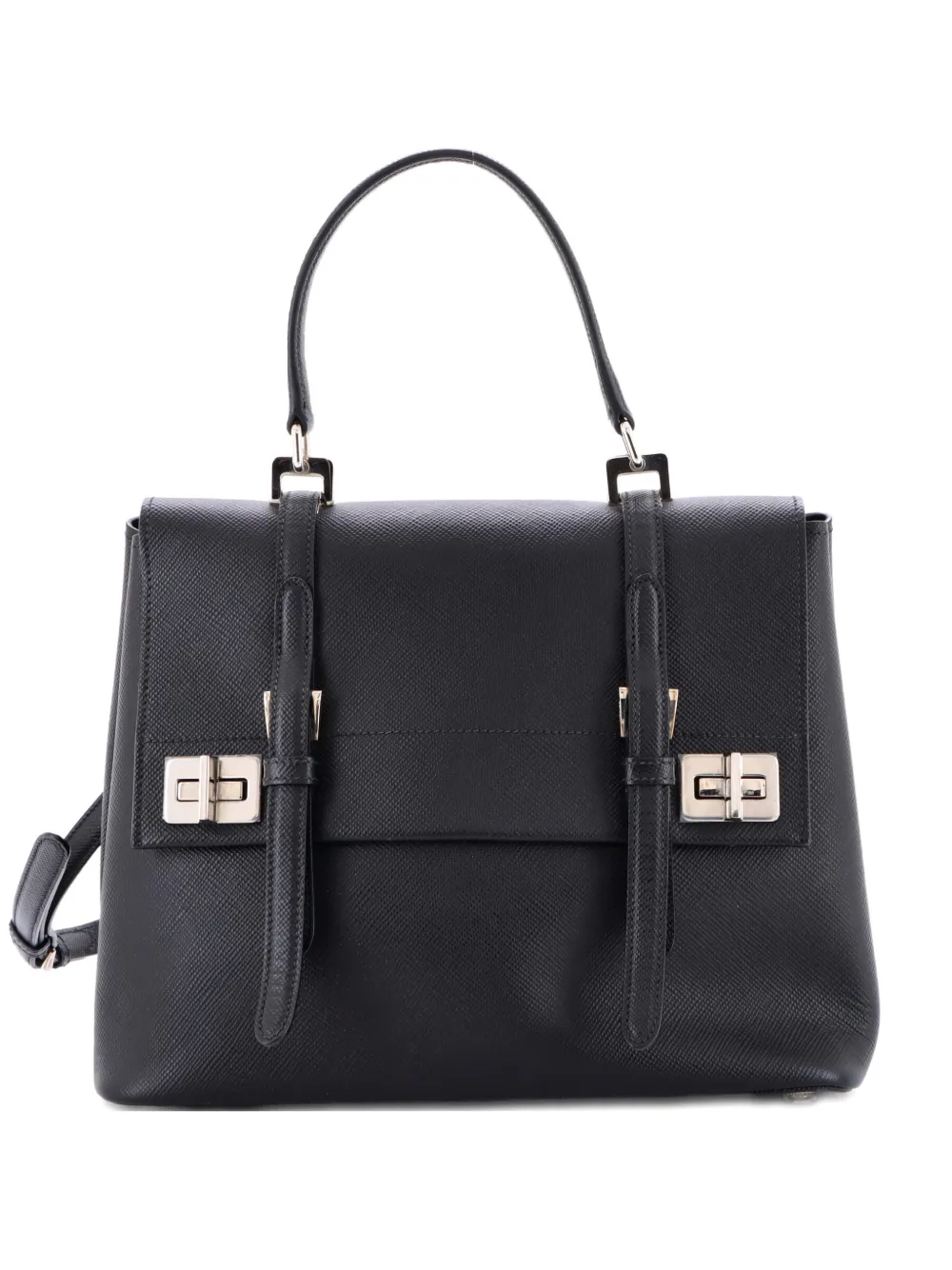 Pre-owned Prada Half Flap Double Turn Lock Saffiano Leather Medium Satchel In Black