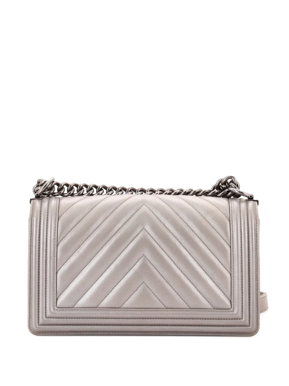 Pre-owned Chanel Boy Flap Bag Chevron Caviar Old Medium Shoulder Bag In Silver