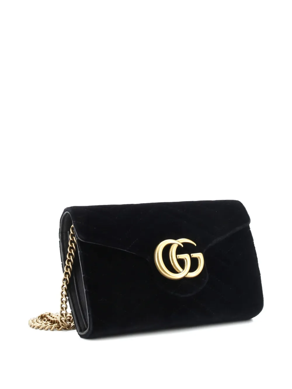 Pre-owned Gucci Gg Marmont Chain Wallet Matelasse Velvet Mini Shoulder Bag In Black