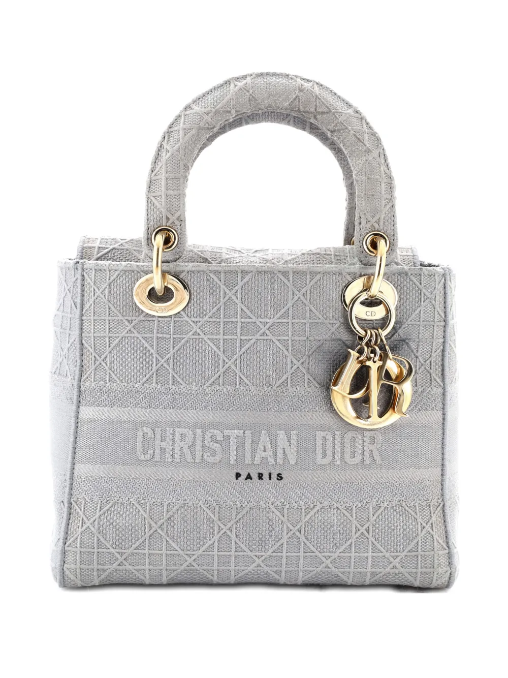 Pre-owned Dior Lady D-lite Bag Cannage Embroidered Canvas Medium Satchel In Gray