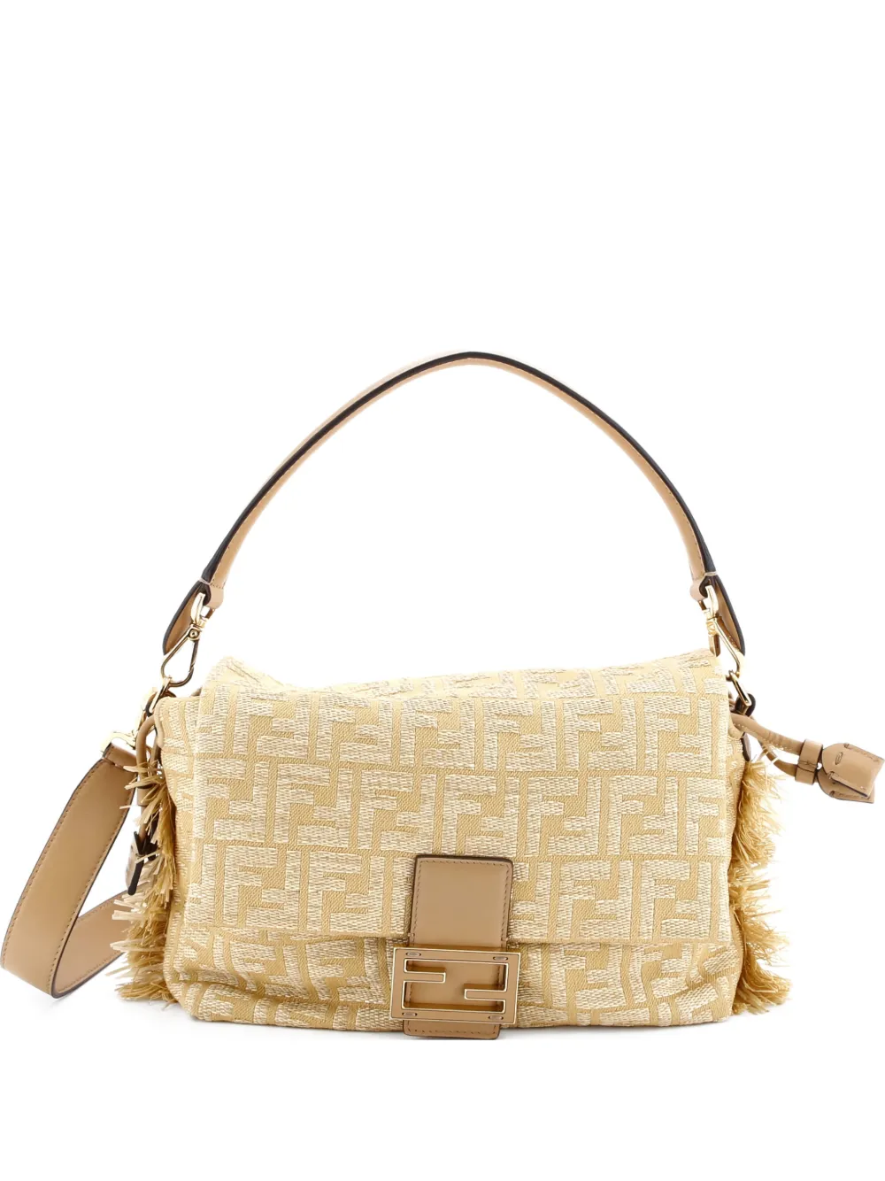 Fendi Pre-Owned Mamma Baguette NM Zucca Jacquard and Raffia Medium shoulder bag - Toni neutri