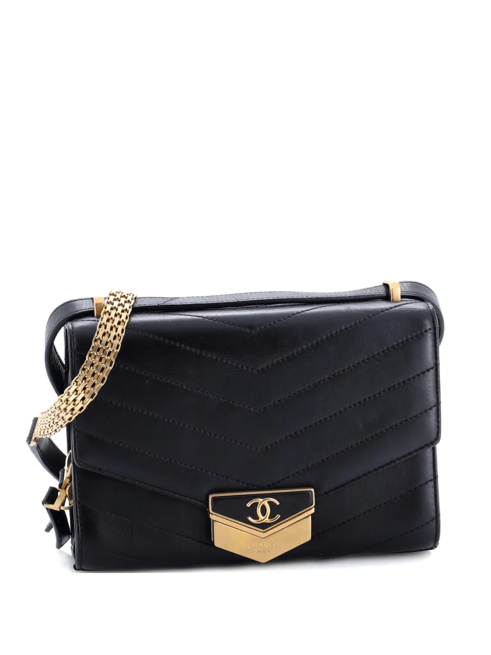 Pre-owned Chanel Medal Envelope Flap Bag Chevron Calfskin Small Crossbody Bag In Black