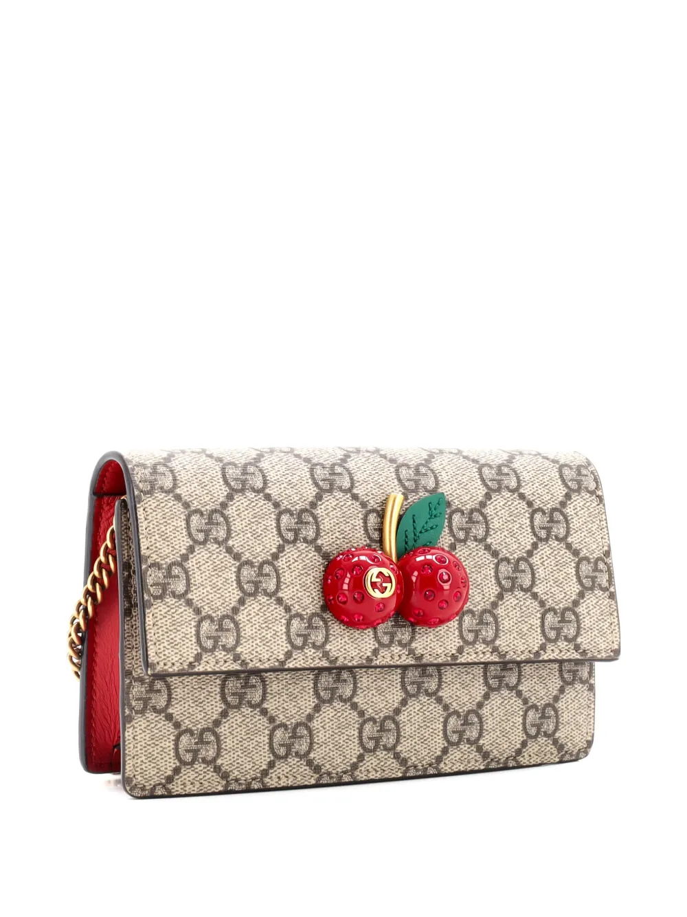 Pre-owned Gucci Cherries Wallet On Chain Gg Coated Canvas Mini Crossbody Bag In Brown
