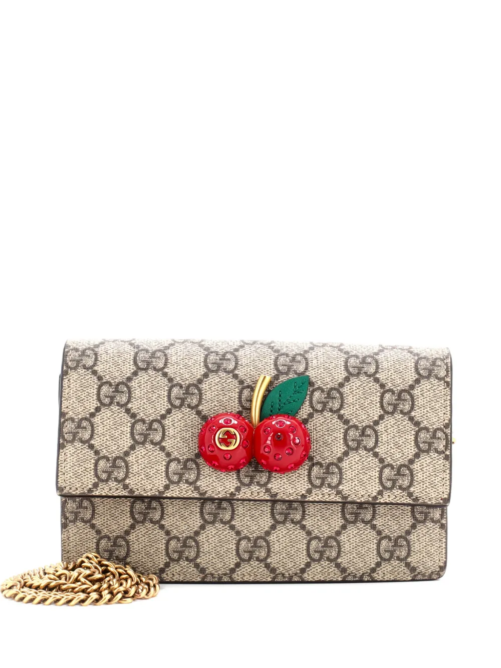 Pre-owned Gucci Cherries Wallet On Chain Gg Coated Canvas Mini Crossbody Bag In Brown