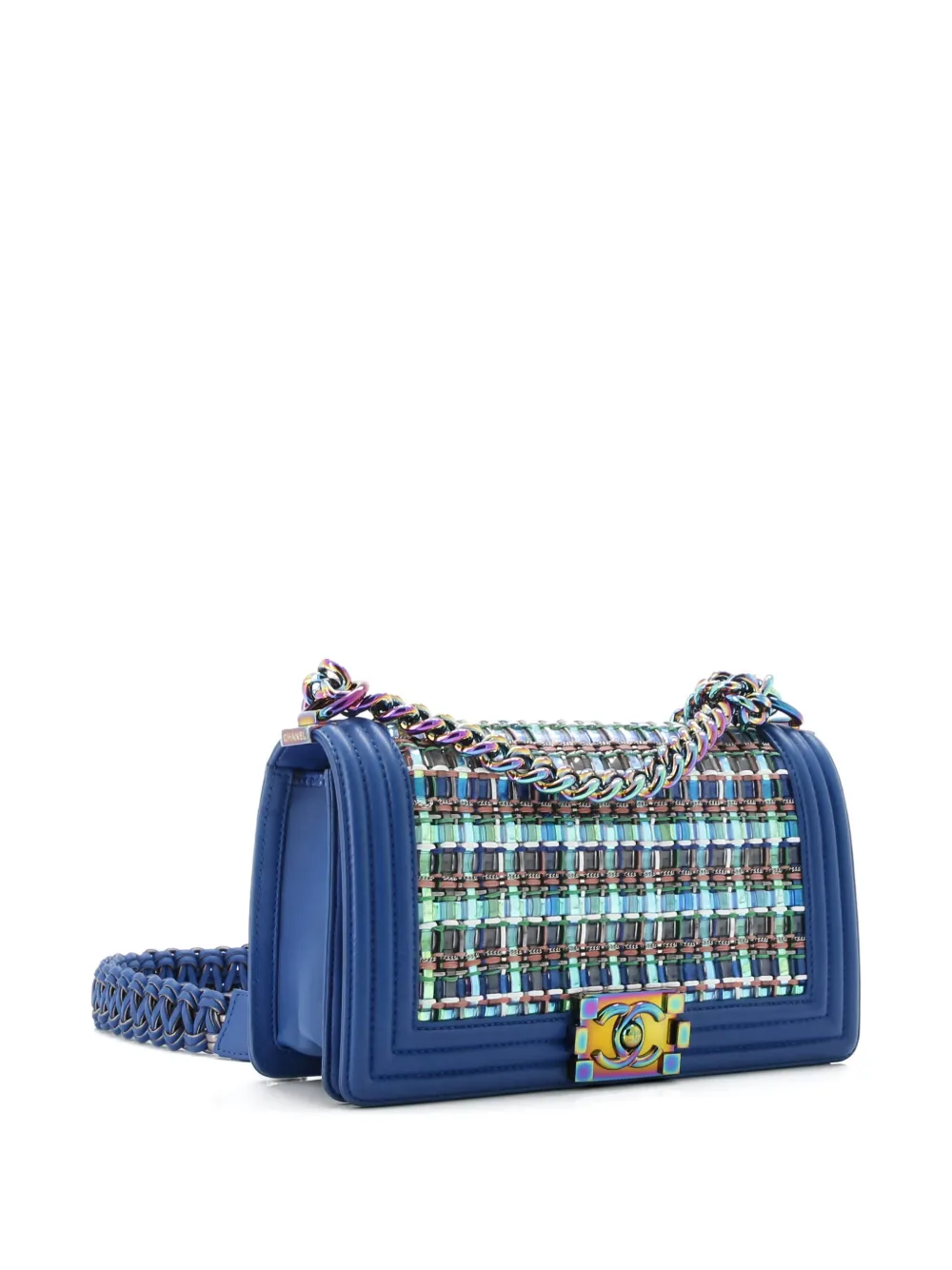 Pre-owned Chanel Boy Flap Bag Woven Pvc With Lambskin Old Medium Shoulder Bag In Blue