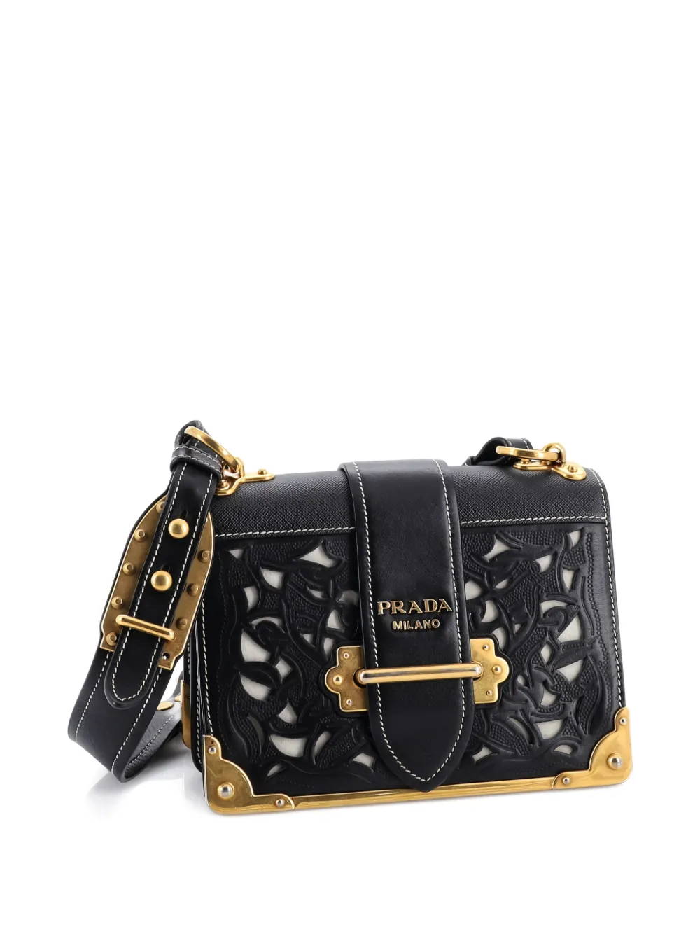 Pre-owned Prada Cahier Studded Laser Cut Leather Small Crossbody Bag In Black