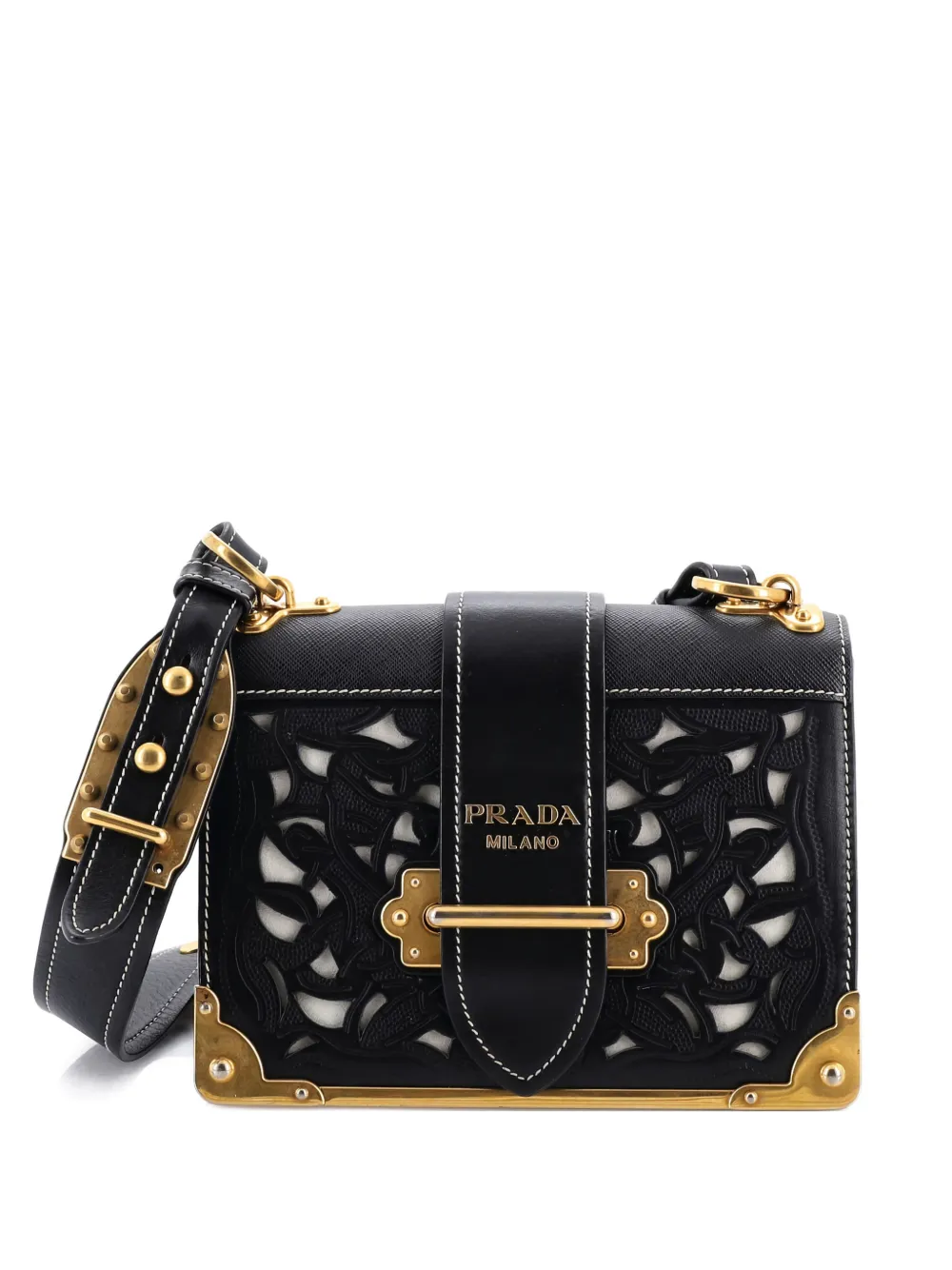 Prada Pre-Owned Cahier Studded Laser Cut Leather Small crossbody bag - Nero