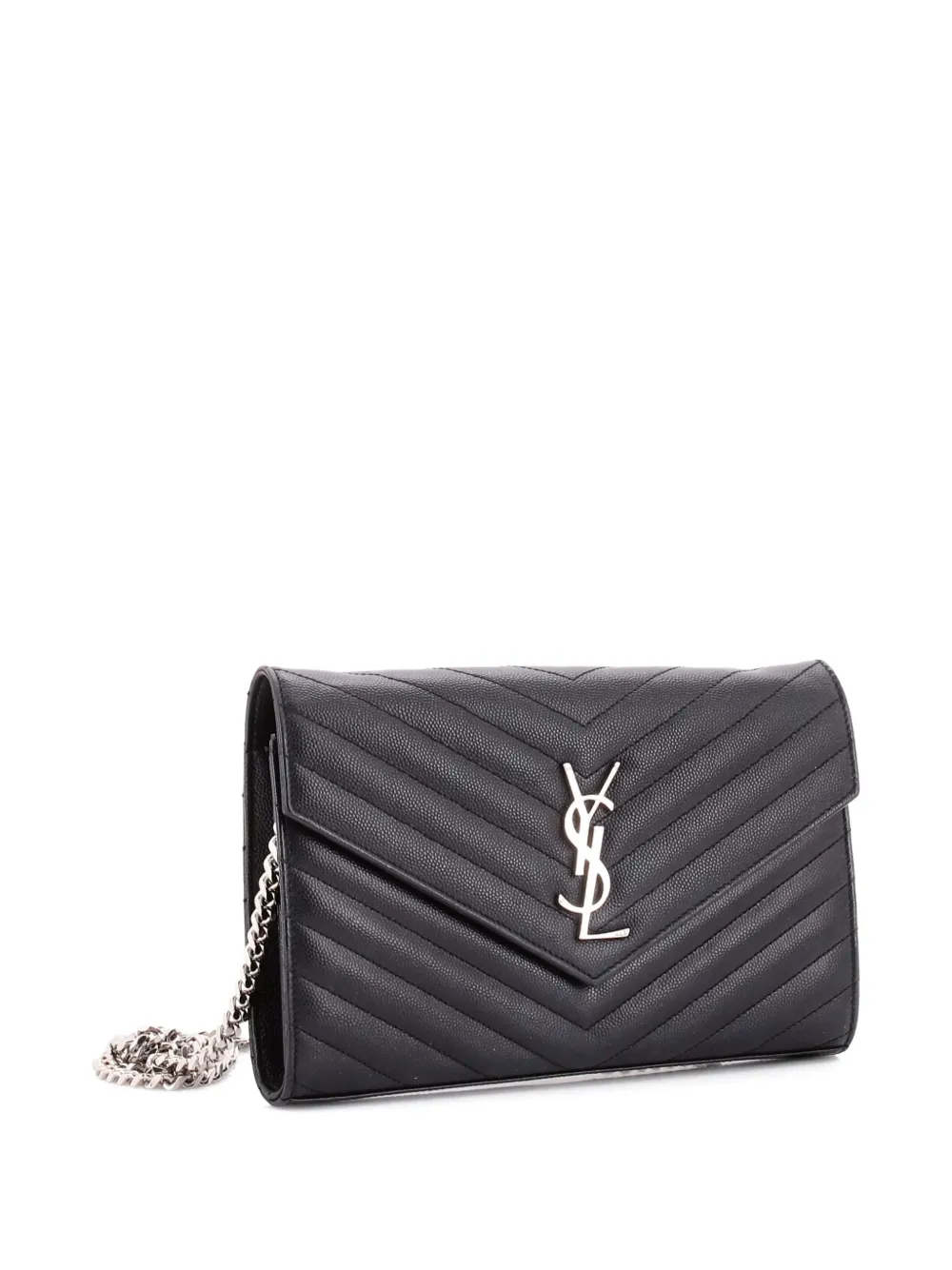 Pre-owned Saint Laurent Classic Monogram Wallet On Chain Matelasse Chevron Leather Medium Crossbody Bag In Black