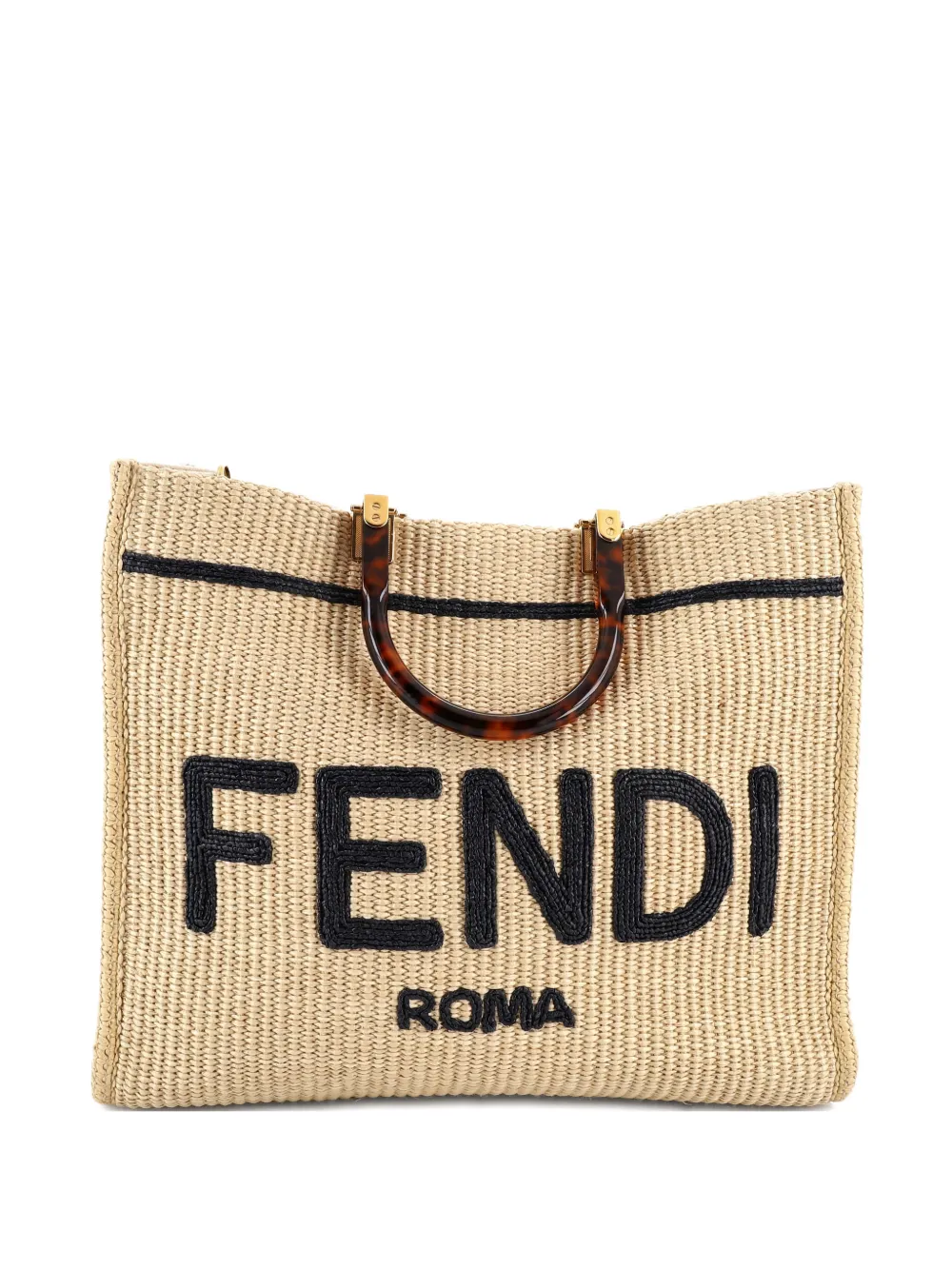Pre-owned Fendi Sunshine Shopper Woven Raffia Medium Tote Bag In Neutral