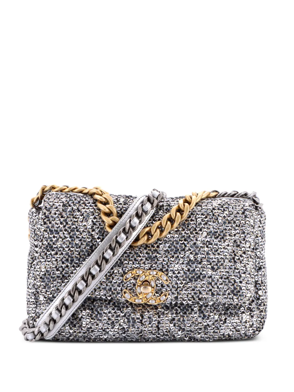 CHANEL Pre-Owned 19 Flap Bag Quilted Sequins Medium shoulder bag - Argento