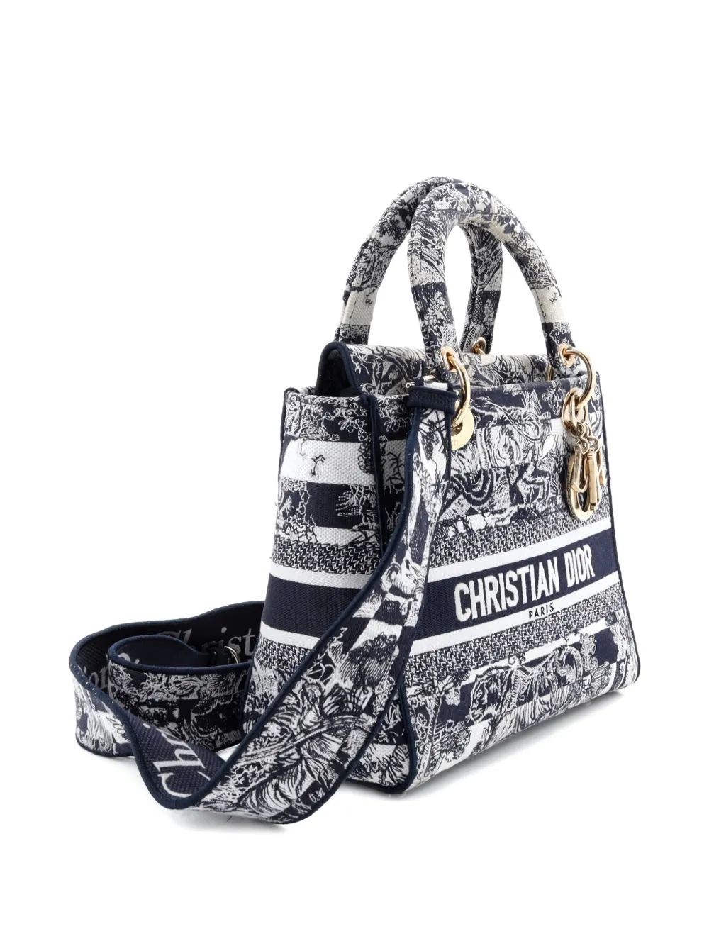 DIOR Pre-owned Lady D-lite Bag Embroidered Canvas Medium Satchel In Blue