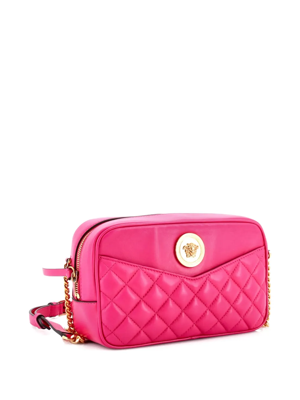 Pre-owned Versace Medusa Icon Front Slip Pocket Camera Bag Quilted Leather Medium Crossbody Bag In Pink