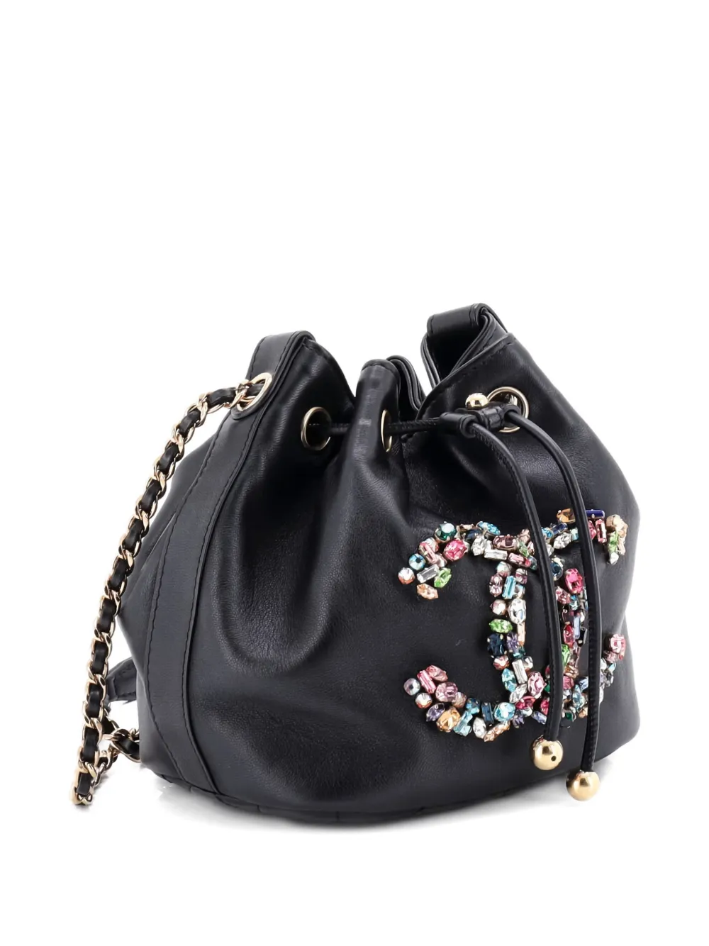 Pre-owned Chanel Giant Crystal Drawstring Lambskin Bucket Bag In Black