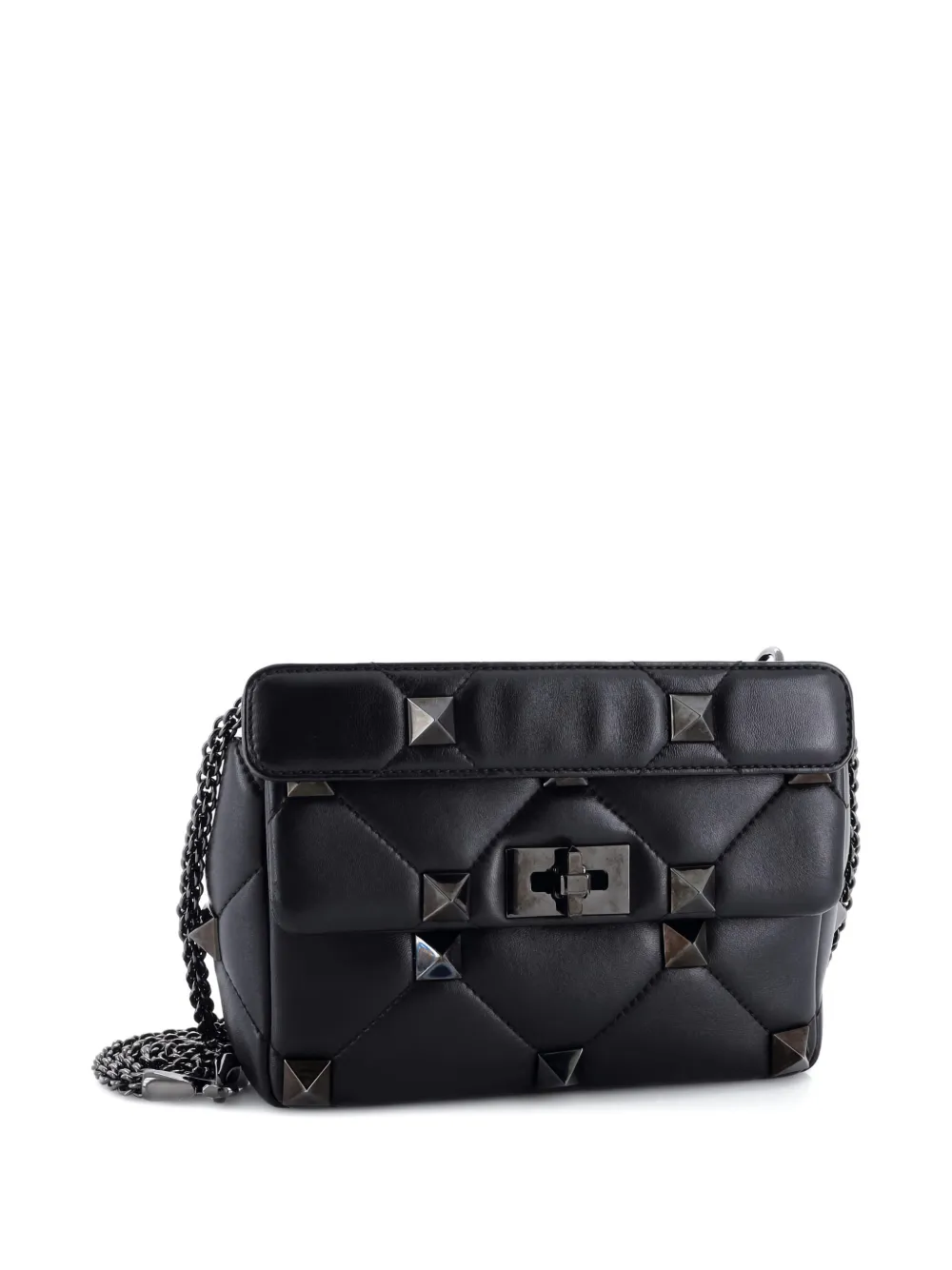 Pre-owned Valentino Garavani Roman Stud Flap Bag Quilted Leather Medium Crossbody Bag In Black