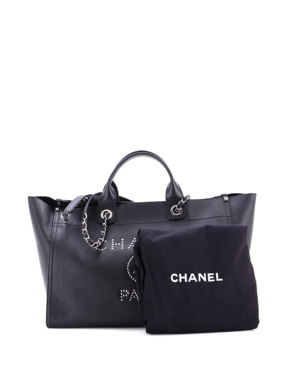 Pre-owned Chanel Deauville Studded Caviar Medium Tote Bag In Black